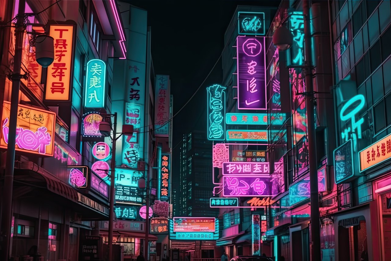 Neon urbanscape of unique Japanese graphic design and typography