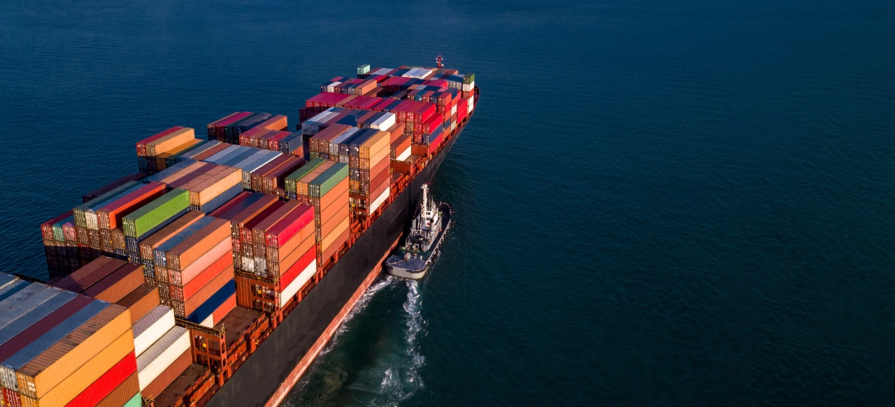 Shipping containers from logistics companies in Japan at sea
