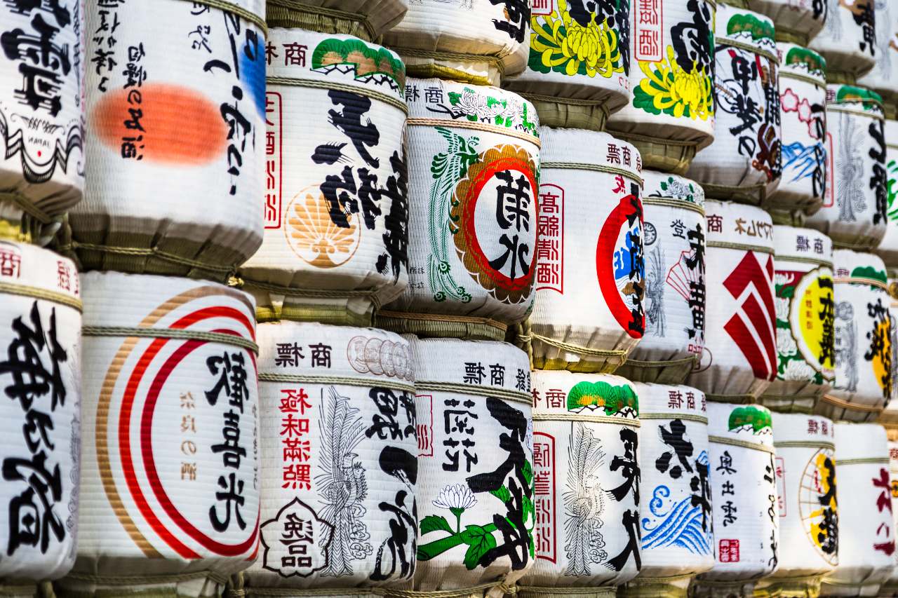 Meiji Sake barrels and signage advertising design in Japan
